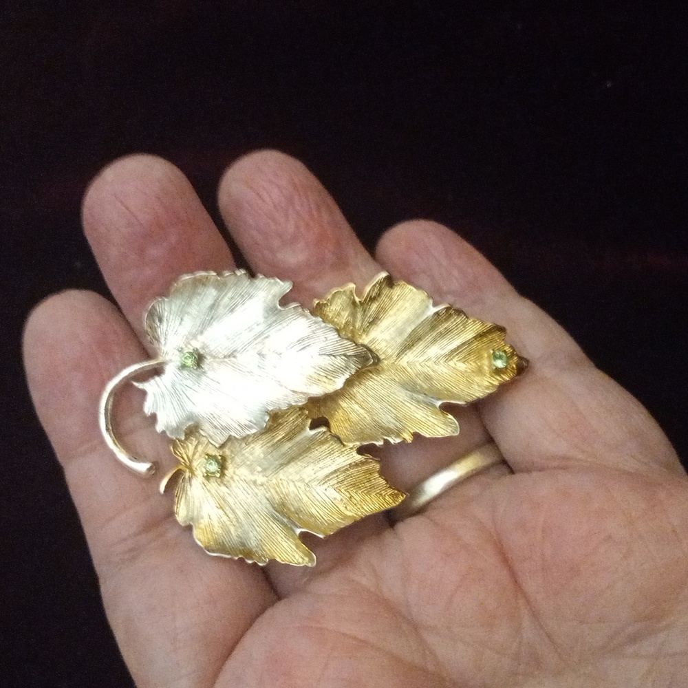 Vintage Leaf Brooch with Rhinestones